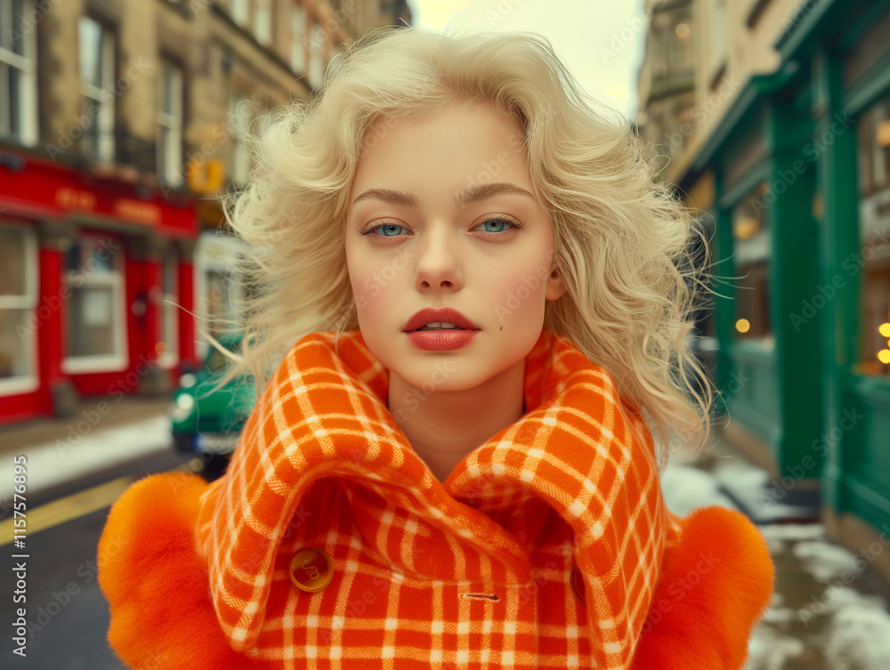 Blonde model in a plaid orange coat poses on a lively Edinburgh street under soft natural light. Vibrant fashion blends with urban charm. Blonde model in a plaid orange coat poses on a lively Edinburgh street under soft natural light. Vibrant fashion blends with urban charm.