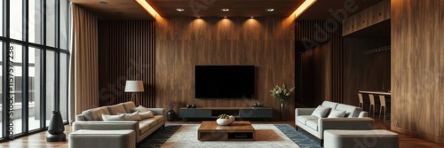 Modern Minimalist Living Room Featuring Wooden Wall Panels, Stylish Furniture, Large Television, Natural Light, and Contemporary Decor Elements for Elegant Home Design