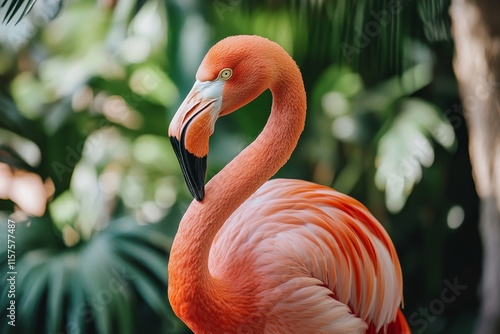 Vibrant flamingo amidst lush greenery in natural habitat