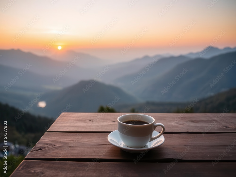 Morning Coffee on a Wooden Table Overlooking Majestic Mountains and Sunrise, Capturing Serenity and Nature's Beauty in the Early Hours Morning Coffee on a Wooden Table Overlooking Majestic Mountains and Sunrise, Capturing Serenity and Nature's Beauty in the Early Hours