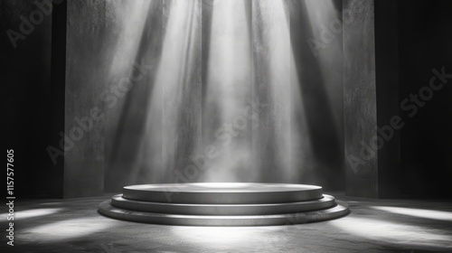 Compact silver podium with smooth edges  lit by soft beams