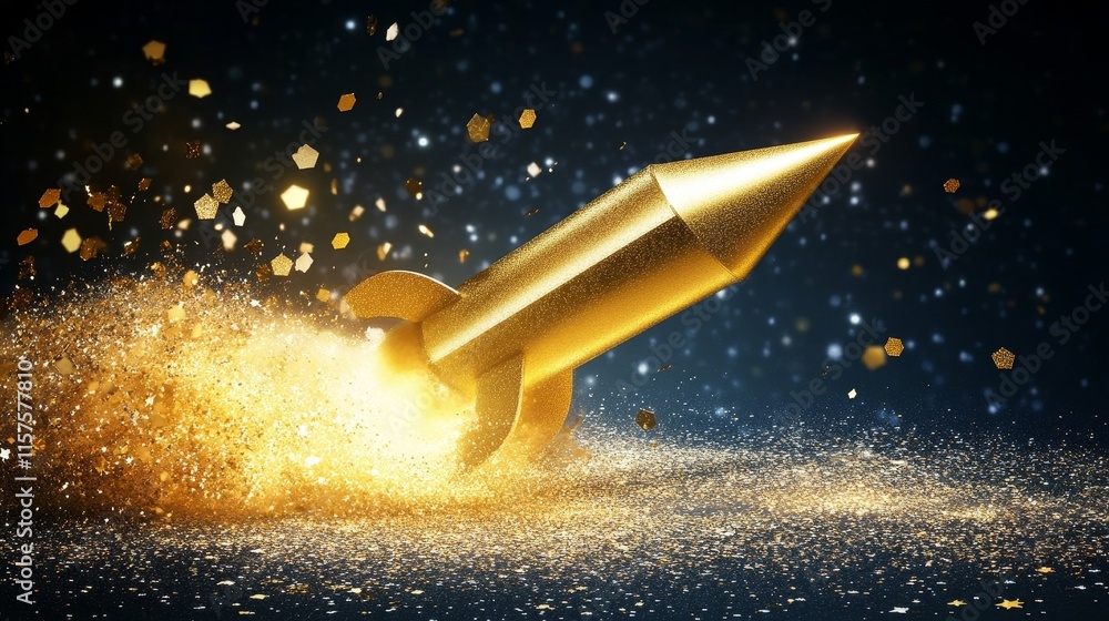 Golden rocket launch amidst glittering stars: symbol of success and innovation Golden rocket launch amidst glittering stars: symbol of success and innovation
