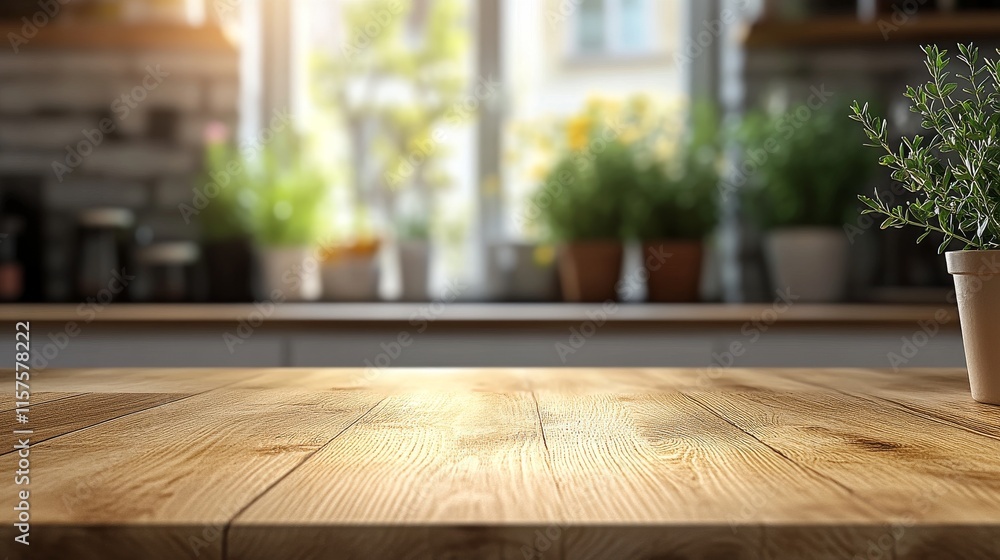 Sunlight spills into a modern kitchen with a warm wooden table, lush greenery, and the essence of comfort in a lively morning atmosphere Sunlight spills into a modern kitchen with a warm wooden table, lush greenery, and the essence of comfort in a lively morning atmosphere