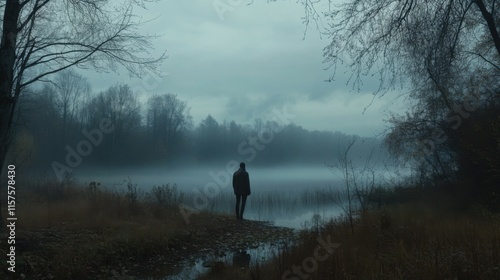 A lonely figure standing in a misty, empty forest, [loneliness], [sense of abandonment in nature]