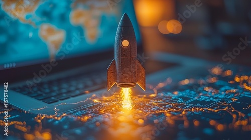 A sleek, futuristic rocket soaring from an open laptop screen, representing a dynamic and potent idea for launching a thriving tech startup.