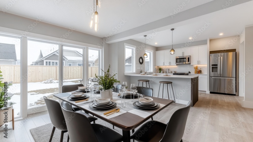 Fototapeta premium Modern Dining Area and Kitchen in Bright Home with Snowy Landscape