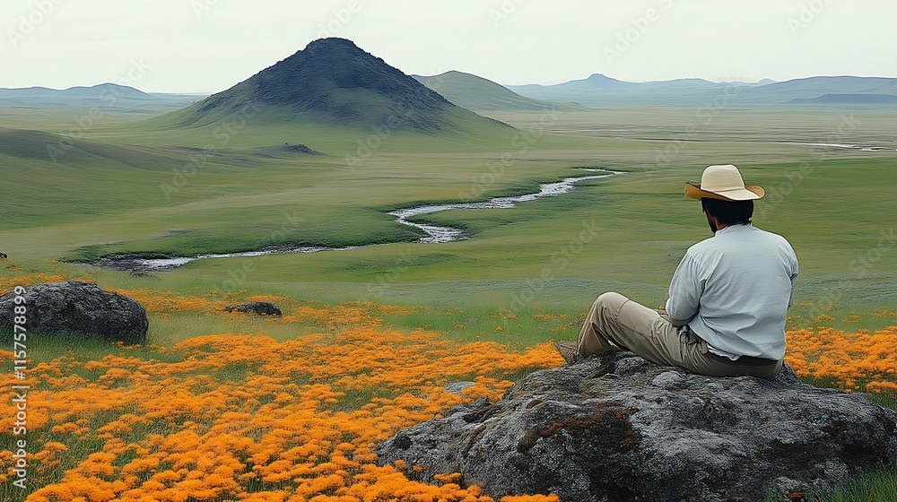 Fototapeta premium Man Contemplates Scenic Volcanic Landscape With Orange Flowers