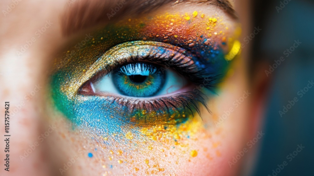 Eye of model with colorful art make-up, close-up
