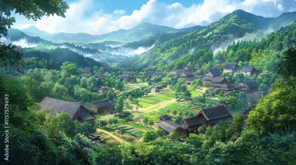 Serene Mountain Village Surrounded by Lush Greenery and Fog Serene Mountain Village Surrounded by Lush Greenery and Fog