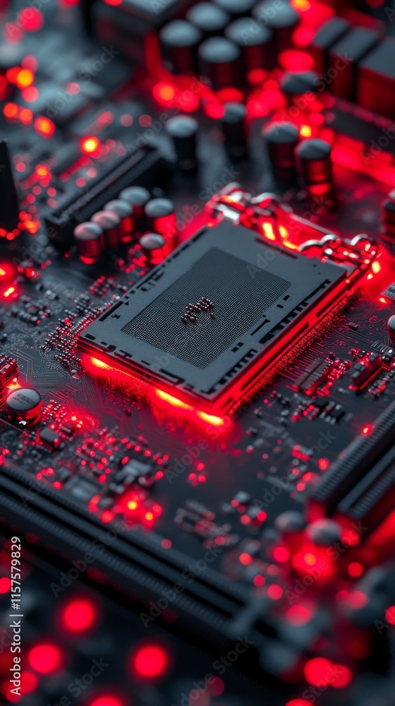 Red illuminated microprocessor on circuit board showcasing advanced technology and design Red illuminated microprocessor on circuit board showcasing advanced technology and design