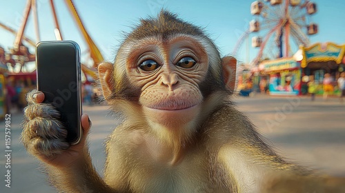 Curious monkey captures a selfie at an amusement park filled with colorful rides and joyful visitors during a sunny day photo