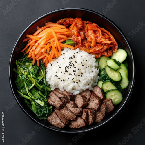 Delicious korean bibimbap bowl restaurant dining food modern kitchen close-up culinary experience photo