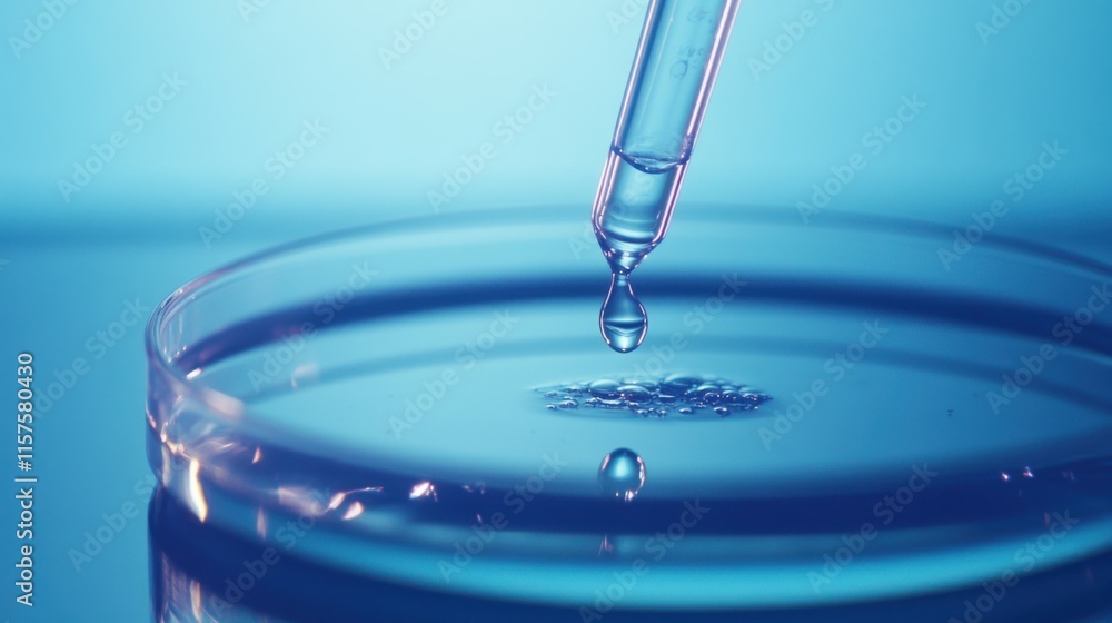 Scientific experiment using pipettes in a laboratory, close-up of a pipette dropping liquid into a petri dish on a blue background Scientific experiment using pipettes in a laboratory, close-up of a pipette dropping liquid into a petri dish on a blue background
