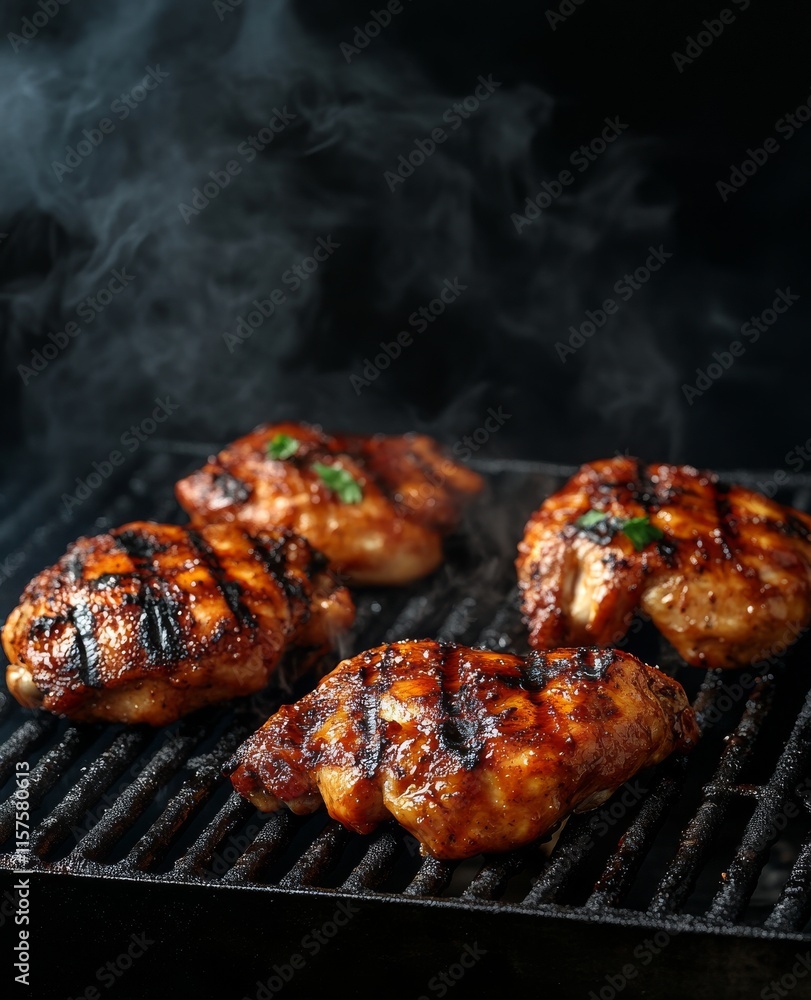 Sizzling grilled chicken thighs exude mouthwatering flavors against a smoky backdrop at a summer cookout in the backyard Sizzling grilled chicken thighs exude mouthwatering flavors against a smoky backdrop at a summer cookout in the backyard
