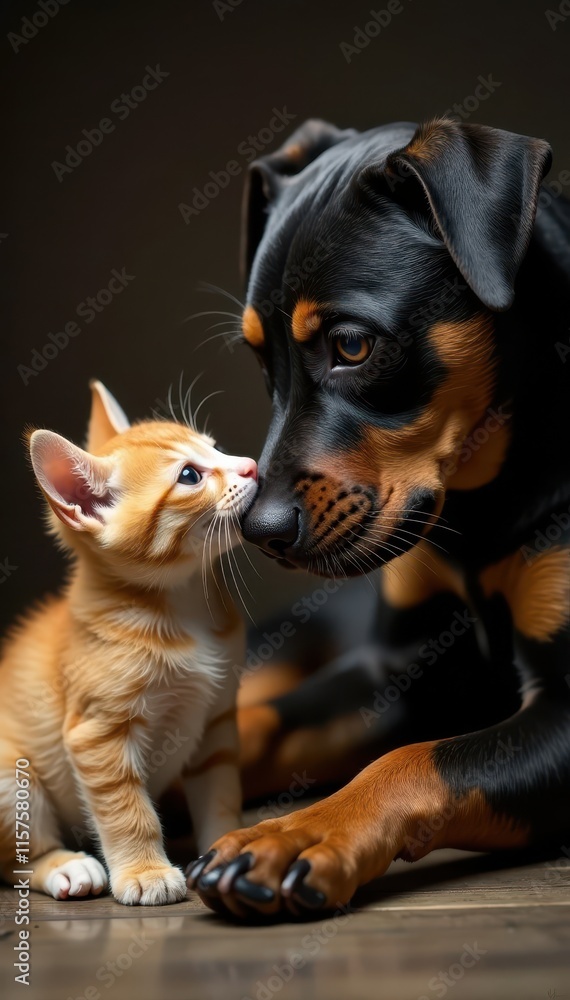 Fototapeta premium American Staffordshire Terrier dog gently licking kitten's fur, dog breeds, dog, snuggle