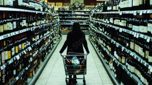 Wallpaper Mural Woman buys an alcohol drink, walking with shopping cart full of bottles between rows with wine at supermarket Torontodigital.ca