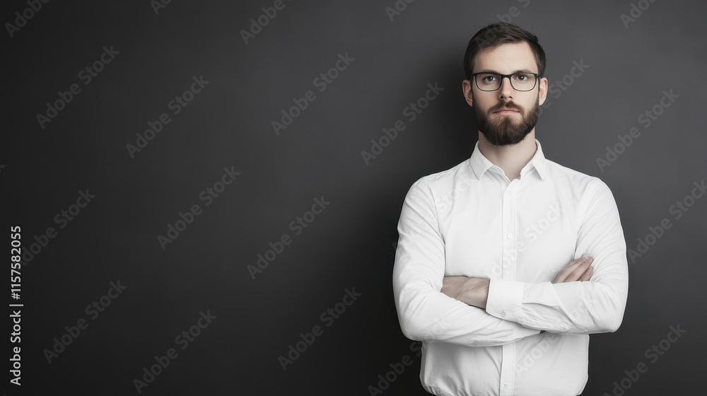 A confident young man stands with arms crossed in a white shirt against a dark wall, showcasing professionalism and determination in a studio setting. A confident young man stands with arms crossed in a white shirt against a dark wall, showcasing professionalism and determination in a studio setting.