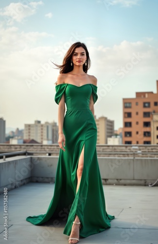 Attractive brunette woman poses on rooftop catwalk in emerald green dress. Urban city backdrop. Fashion show. Stylish model luxury design. Elegance, beauty. Trendy look. Modern fashion. Stylish photo