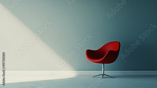 Minimalist red chair placed in an empty room with light falling on a textured wall