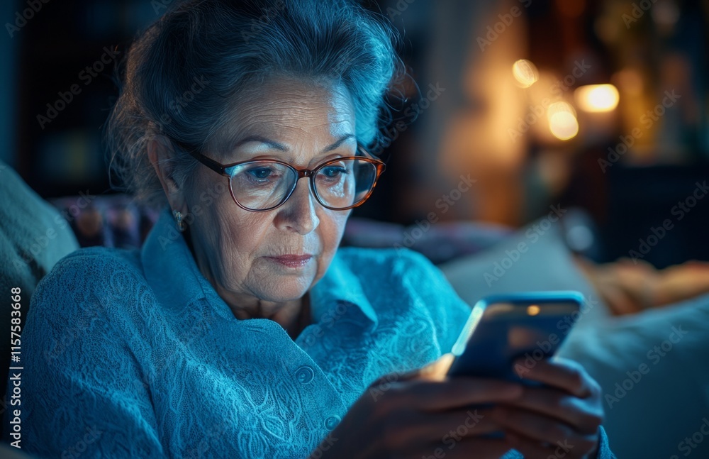 Mature woman using smartphone while sitting on cozy sofa Mature woman using smartphone while sitting on cozy sofa