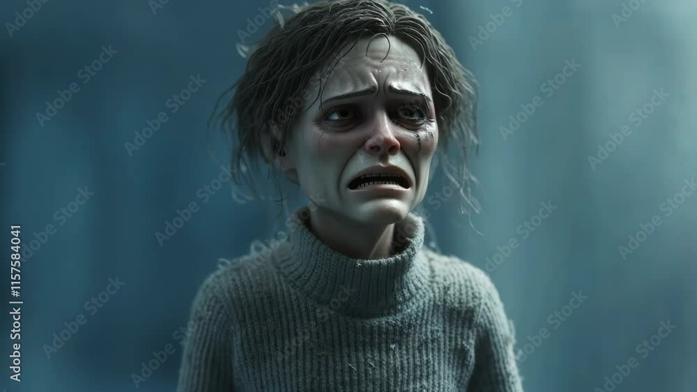 A distressed animated character with disheveled hair and a sorrowful expression stands against a blurred, dim backdrop. The portrayal evokes a strong sense of sadness and vulnerability A distressed animated character with disheveled hair and a sorrowful expression stands against a blurred, dim backdrop. The portrayal evokes a strong sense of sadness and vulnerability