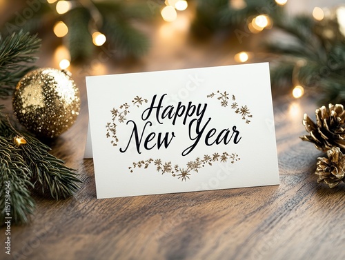 A New Year's card on a table, and some decorations