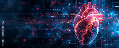 A 3D rendering of a human heart with intricate details, pulsating with energy against a backdrop of digital data, symbolizing the vital role of the heart in human life. photo