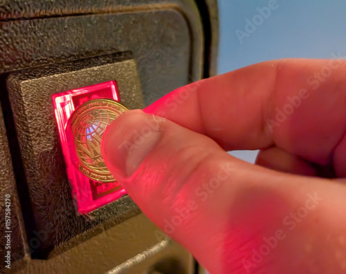 hand Putting a coin into an arcade game slot