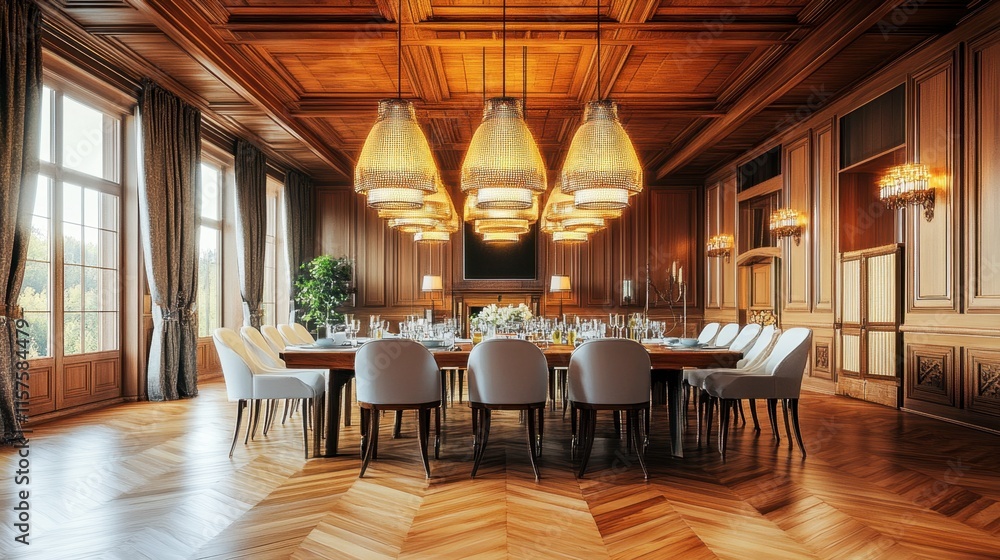 Elegant Dining Room with Wooden Interior and Modern Lighting Fixtures Elegant Dining Room with Wooden Interior and Modern Lighting Fixtures