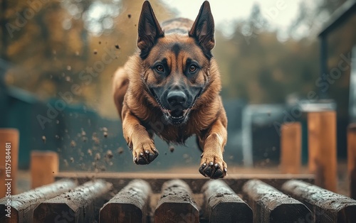 German Shepherd Dog in Mid-Air Leap Over Obstacle Course Thrilling Canine Agility Action Shot photo