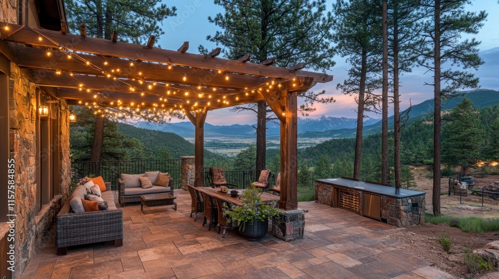 Elegant Outdoor Patio with String Lights Overlooking Mountain View Elegant Outdoor Patio with String Lights Overlooking Mountain View