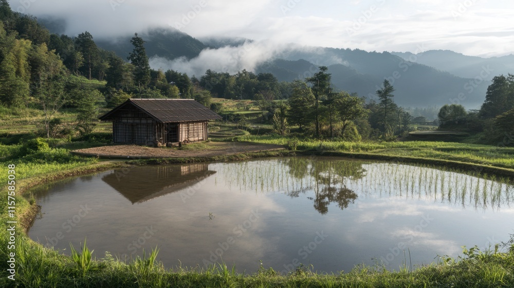 Obraz premium Tranquil Rural Scene with Reflection of House in Serene Pond