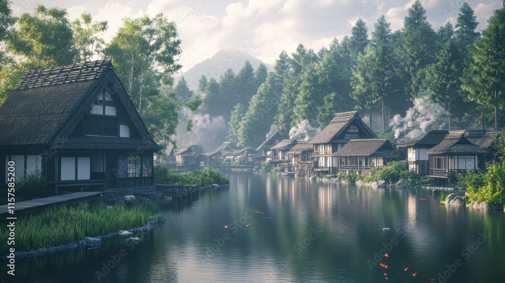 Tranquil Japanese Village by the River Surrounded by Lush Forest Tranquil Japanese Village by the River Surrounded by Lush Forest