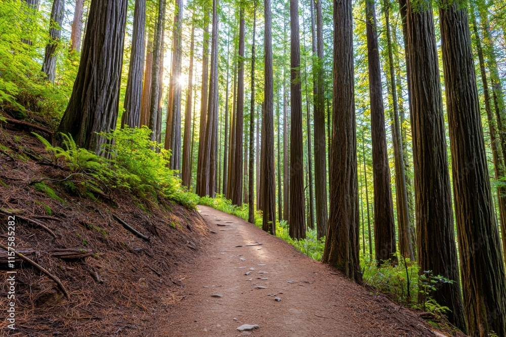 Fototapeta premium A serene forest path lined with towering trees, illuminated by soft sunlight filtering through the leaves, inviting exploration and connection with nature.