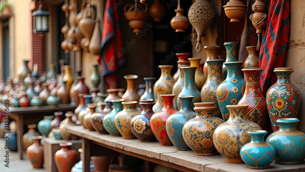 Fototapeta premium High detailed floral pattern pottery vases arranged on a shelf