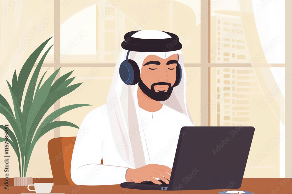 man wearing a white robe and a black beard is sitting at a desk with a laptop in front of him. He is wearing headphones and he is focused on his work man wearing a white robe and a black beard is sitting at a desk with a laptop in front of him. He is wearing headphones and he is focused on his work