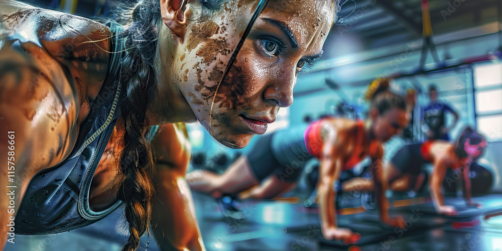 Obraz premium Mud-Splatters and Sweat: Woman Performing a Plank Exercise in a Fitness Class