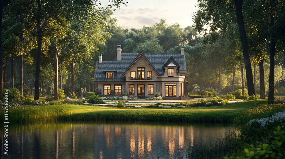 Obraz premium Luxurious house by lake in forest at sunset.