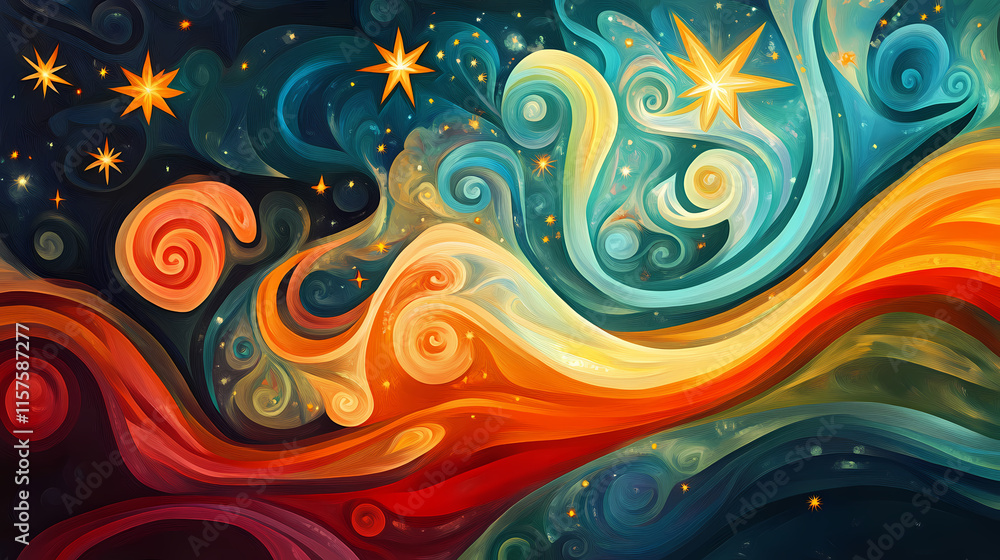 Abstract colorful background with swirls and stars, january feast of the epiphany. Epiphany. Illustration Abstract colorful background with swirls and stars, january feast of the epiphany. Epiphany. Illustration
