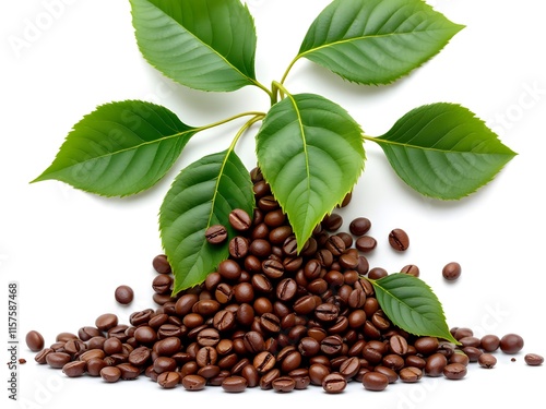 Fresh Coffee Beans with Green Leaves in Artistic Pile on white background 

