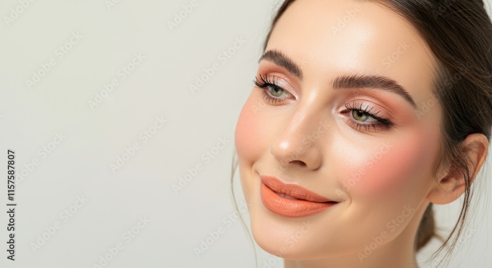 Radiant beauty portrait of young caucasian woman with natural makeup and soft smile Radiant beauty portrait of young caucasian woman with natural makeup and soft smile