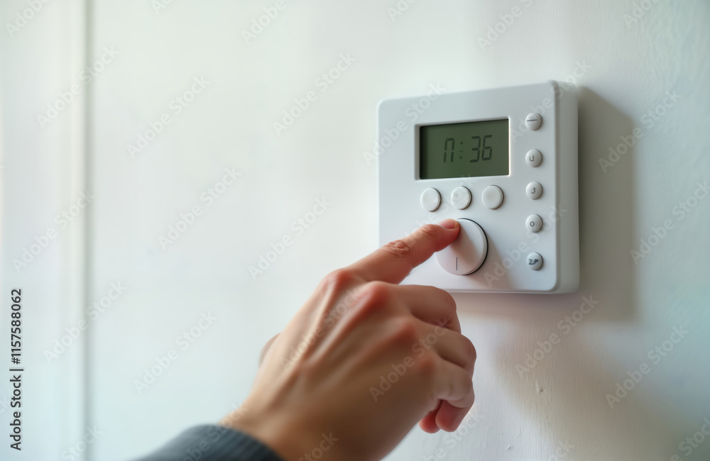 Hand adjusts white digital thermostat on white wall. Panel controls heating, cooling for apartment office. Setting comfort levels for indoor climate control. Modern tech for convenient temperature Hand adjusts white digital thermostat on white wall. Panel controls heating, cooling for apartment office. Setting comfort levels for indoor climate control. Modern tech for convenient temperature