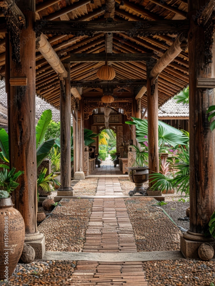 Serene Wooden Pathway Through Tranquil Asian Garden Serene Wooden Pathway Through Tranquil Asian Garden