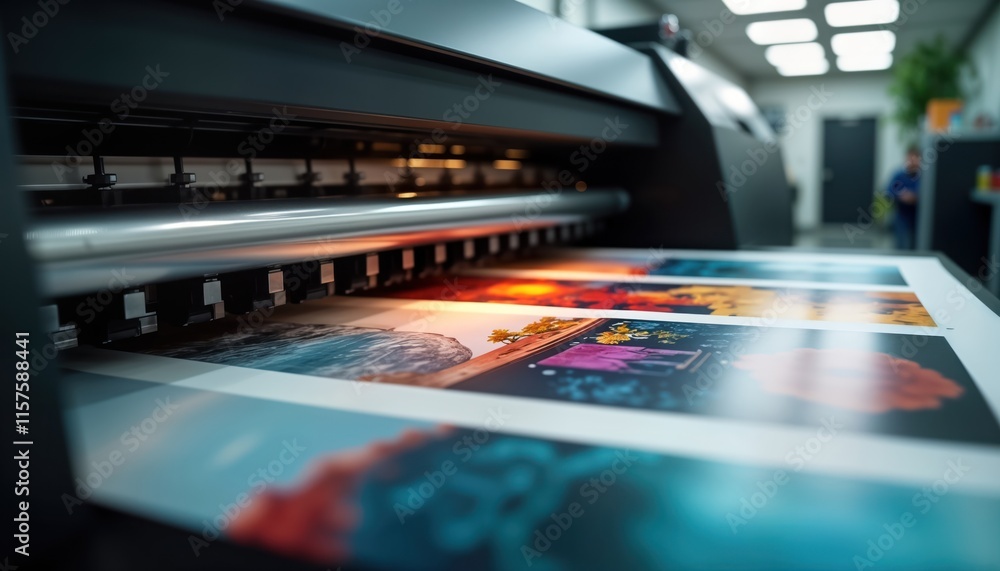 Large format printing machine produces high quality prints. Colorful images printed on sheets of paper. Commercial printing equipment works in printing shop. Modern technology used for high volume Large format printing machine produces high quality prints. Colorful images printed on sheets of paper. Commercial printing equipment works in printing shop. Modern technology used for high volume