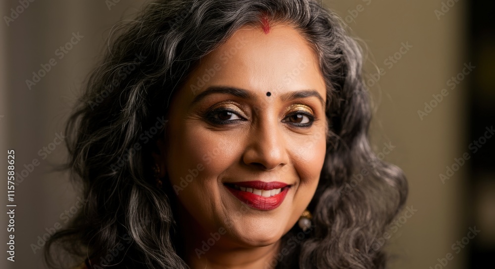 Confident mature indian woman with gray hair and red lipstick celebrating cultural elegance