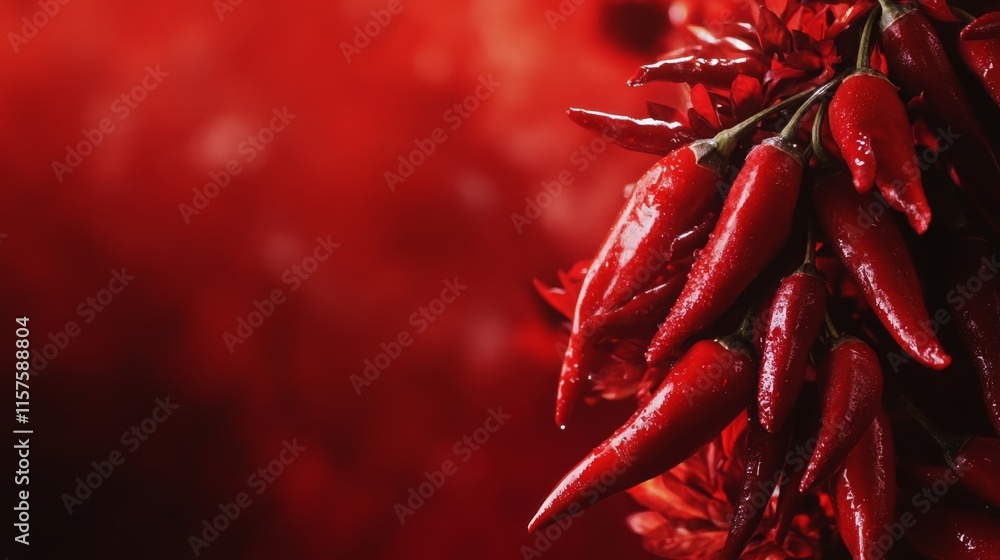 Vibrant Red Chili Peppers Hanging, Spicy Harvest Closeup Vibrant Red Chili Peppers Hanging, Spicy Harvest Closeup