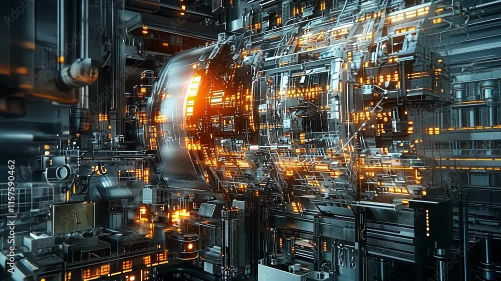 An image focusing on the complex interior of a connected industrial machine with glowing LED indicators and various IoT modules showcasing realtime data processing through seamless An image focusing on the complex interior of a connected industrial machine with glowing LED indicators and various IoT modules showcasing realtime data processing through seamless