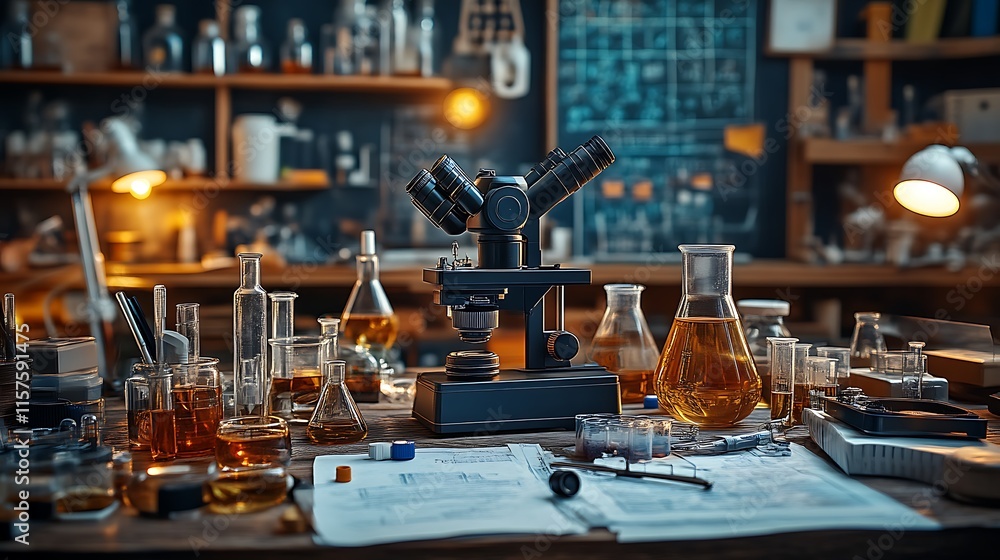 Microscope and Laboratory Equipment on Wooden Table Microscope and Laboratory Equipment on Wooden Table