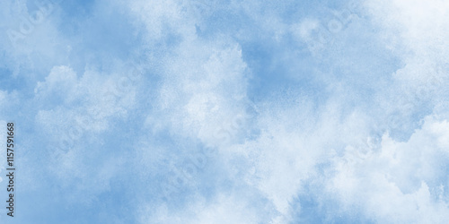  Blue sky watercolor background texture for cover design, beautiful blue sky and clouds natural background, bizarre forms of blue powder explode cloud on white texture.