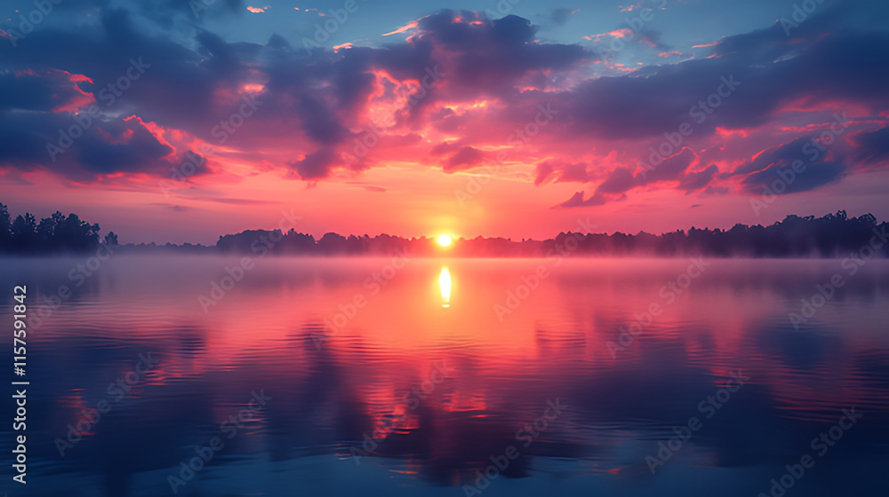 Fototapeta premium Vibrant sunset over calm lake with fog, reflecting colorful sky and sun.